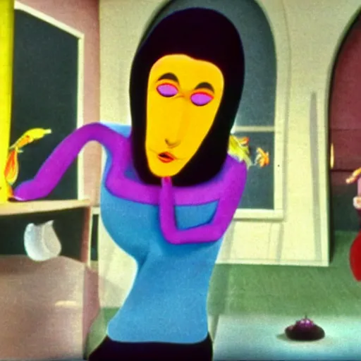 Image similar to still from a children's television show about woman wearing a long nose 1974 technicolor