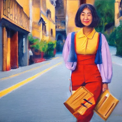 Image similar to high detail oil painting style portrait of Asian woman with mustard coloured suitcase dancing through a city street in Spain