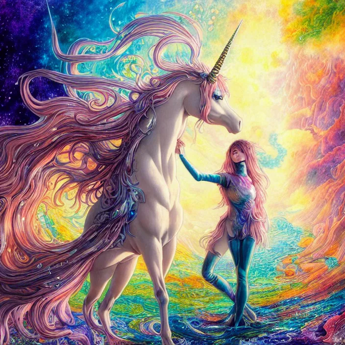 Image similar to ultra detailed illustration of a unicorn anime girl covered in liquid chrome, lost in a dreamy fairy multiverse, by Karol Bak, Johfra Bosschart, Andrew Thomas Huang, dan mumford, Druillet colorful, front view, vivid colors, 8k, coherent, artgerm, anime vibes, octane render, uplifting, magical composition, artstation