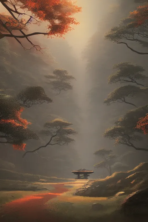 Image similar to Japanese Torii in a moutain with trees ,morning , by Grzegorz Rutkowski, concept art