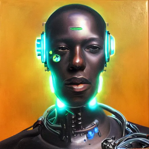 Image similar to a realistic oil painting of a black man as a cybernetic cyborg, surrealism portrait, surrealism album cover