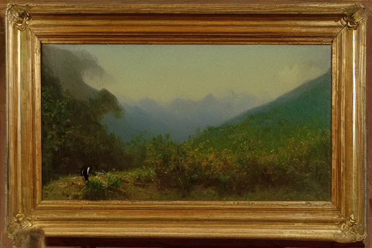 Prompt: Albert Bierstadt painting of a toucan in the mountains, 1900s oil painting