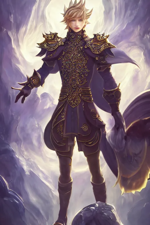 Image similar to fullbody portrait of a male fit hero with strange hairs, soft smile, baroque cloth, final fantasy, league of legends champion, strong iridescent light, by chengwei pan and sakimichan, gradient white to gold, in front of a magical building background, highly detailed portrait, digital painting, smooth, focus illustration