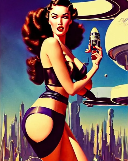 Prompt: beautiful retro space megan fox varga girl posing on a chrome space ship in diesel punk city, windblown dark hair, retro pinup model, seductive, 1 9 4 0, hyper detailed, digital art, smooth, sharp focus, gil elvgren, anna dittmann,