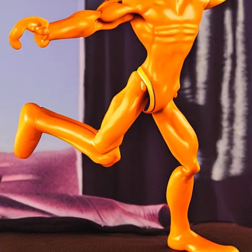 Prompt: toy called Stretch Armstrong, life size, fighting a small Indian man, golden hour, award winning,