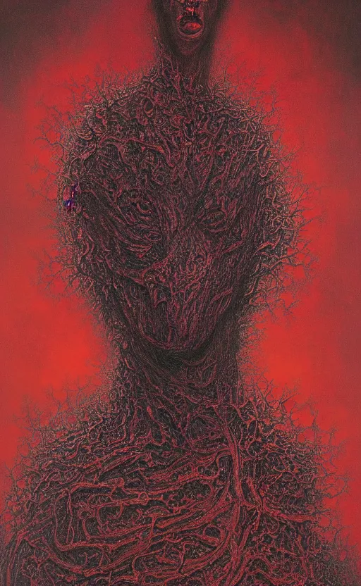 Image similar to black dramatic portrait painting of human with black mandelbrot fractal instead of face, in style of zdzisław beksinski, dark red, horror, body horror, scary,