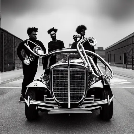 Prompt: black and white photography of 5 musicians included one singer playing weird horn instruments near an old renault super 5 car on the side of the photography, new album cover, brass instruments, soul singer, sousaphone, 8 k, ultra realistic photography, highly detailed, cinematic lightning, dramatic lighting, symmetry