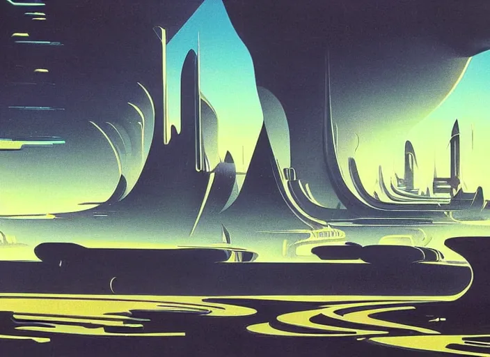 Image similar to ground view of a utopia future city. style by syd mead and eyvind earle.