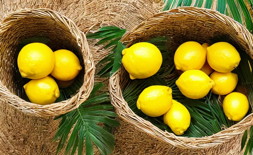 Image similar to a basket of lemons, surrounded by palm leaves, photography