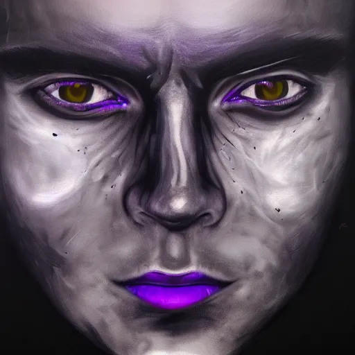 Prompt: a deep completely black shadow man, completely dark, purple eyes, no color, with black magic powers, ultra realistic, 8 k, organic painting, trending on artstation