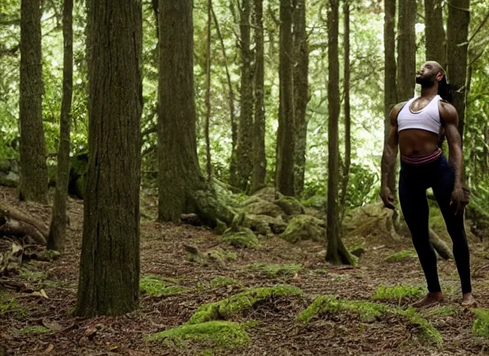 Prompt: lebron james doing yoga in the forest, film still in the new batman movie, 4 k