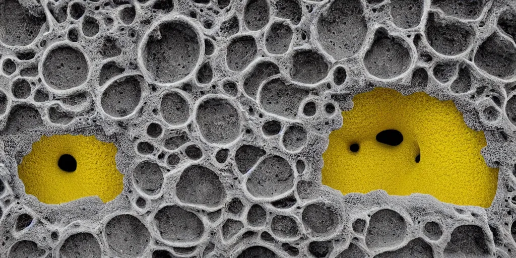 Prompt: nostalgic hyper liminal photo, yellow sponge with many pathways inside each hole, tunnels lead to different memories, surreal, ominous creature hiding detailed, high definition, mysterious, low quality photo, surrealist depiction of a normal sponge, trending, m. c. esher