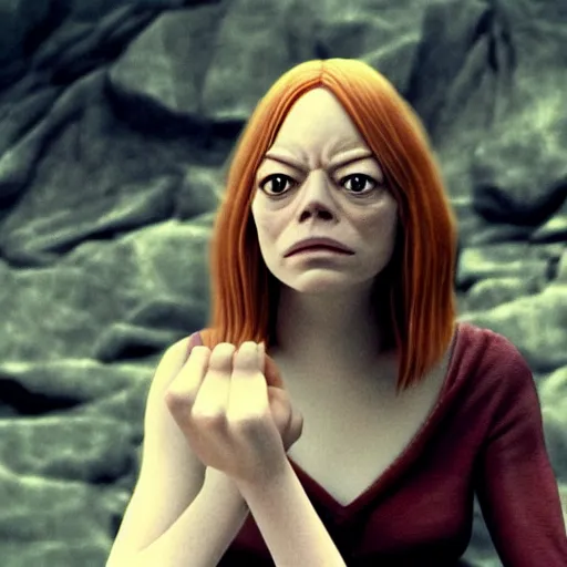 Image similar to emma stone gollum holding the one ring, emma stone is smeagol, looking at the golden ring from lotr, the one ring to rule them all, 8k detail, hyper realistic, cinematic camera