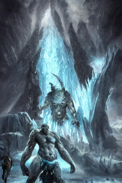 Image similar to north mythology concept art painting of ice gigant ymir the ancestor of all giants by james gurney, trending on artstation, detailed