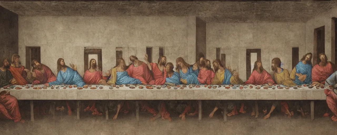 Image similar to the last supper, in brutalist style