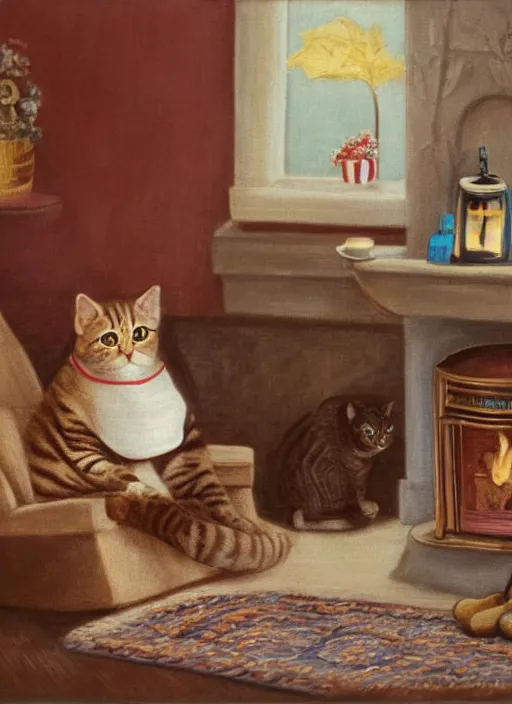 Image similar to A humanoid cat at home in a bathrobe and slippers with a cup of coffee next to the fireplace, Kenneth Grahame, 8k, hd