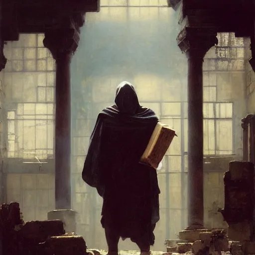 Image similar to half portait of magican wearing a closed cowl holding a big old book! chained!!! to his wrist, jeremy mann, jean leon gerome, alphonse mucha, greg rutkowski, hood covers his eyes, ( ( ruins of ancient rome ) ), at dusk, mysterious atmosphere, sunrays, dof, masterpiece, high detailed, 8 k