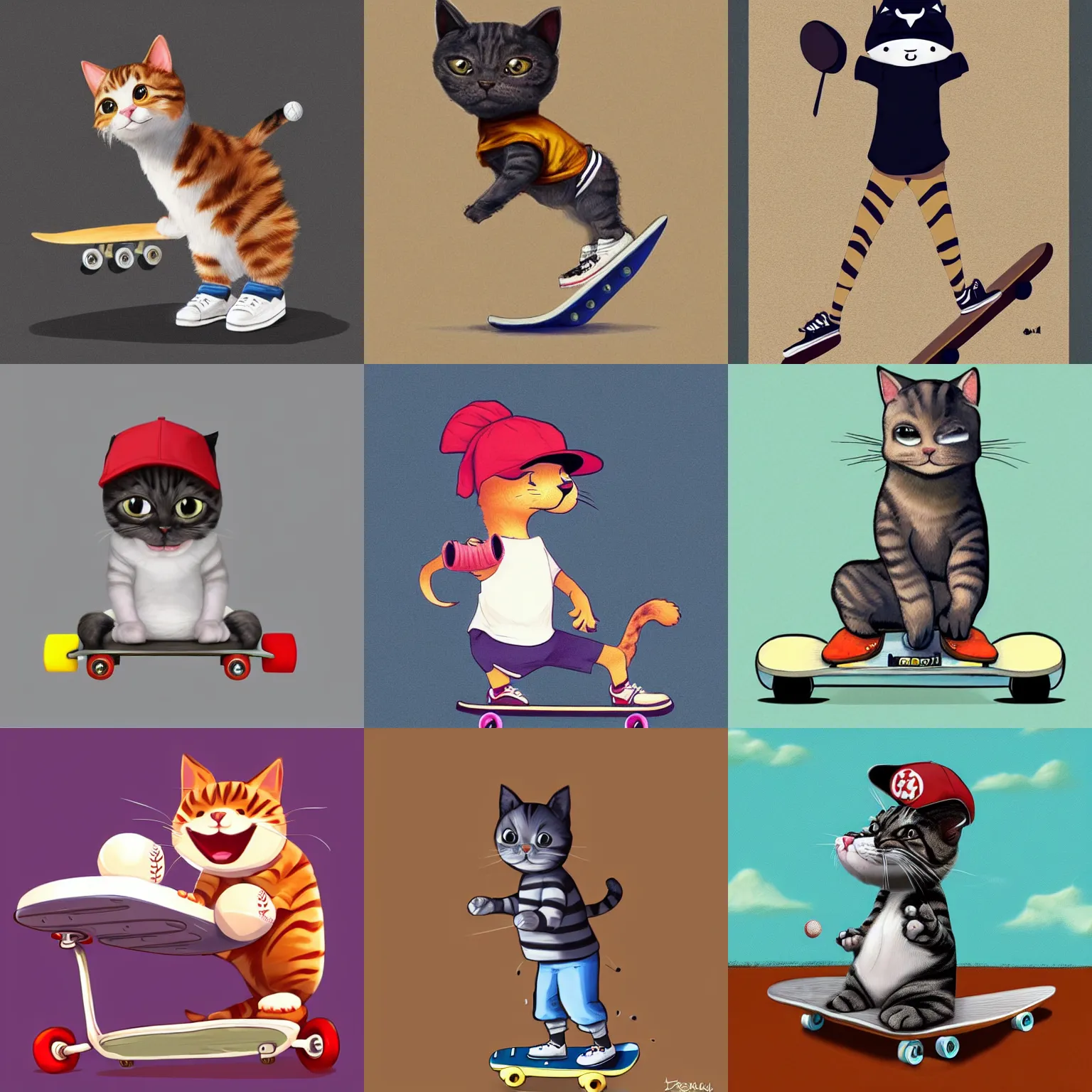 Prompt: cute and funny, a cat standing on its back legs, wearing high top sneakers and a baseball cap, riding a skateboard, by garri bardin, trending at artstation, award winning