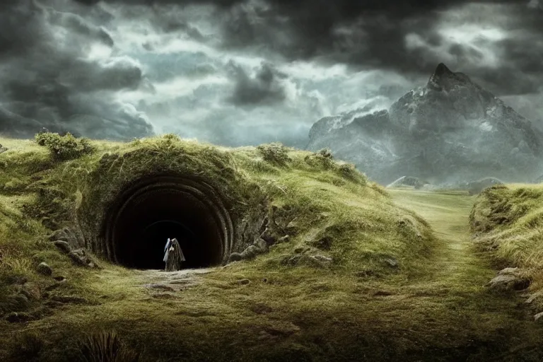 Prompt: movie still from the lord of the rings directed by ridley scott, landscape, the shire in the style of h. r. giger, grey sky overhead, metallic hobbit holes