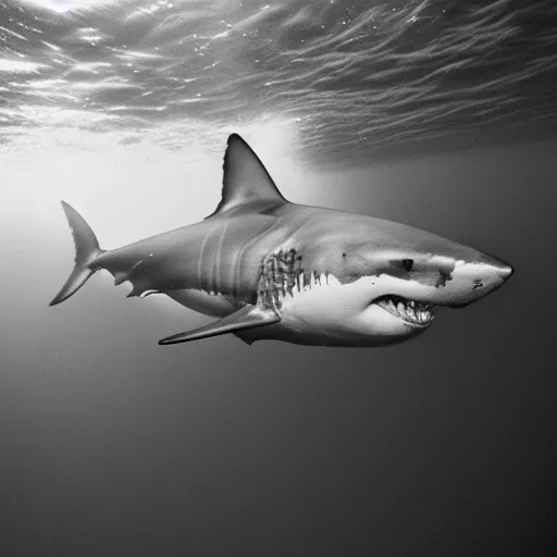 Image similar to A great white shark is swimming towards the viewer out of the dark water, underwater, underwater photography, night, hyperrealism, wildlife photo, trail cam, ultra high detail