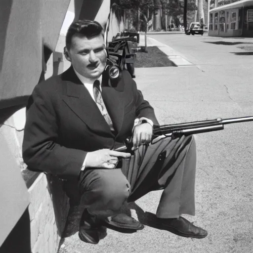 Prompt: photo of business man holding rifle 1950, Kodak Ultra F9, 35mm