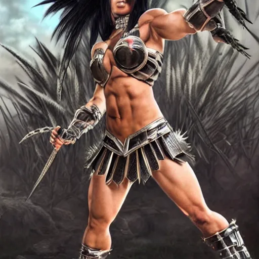 Image similar to warrior girl, muscular girl, wild spiky black saiyan hair, long spiky hair, electrified hair, wearing chrome silver armor and black spandex pants, ultra realistic, intricate details, highly detailed, subsurface scattering, photorealistic, octane render, 8 k, art by artgerm, greg rutkowski, magali villeneuve, alphonse mucha