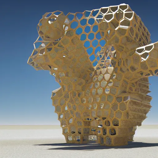 Prompt: highly detailed 3d render of burning man festival sculpture in the shape of bees by Beeple