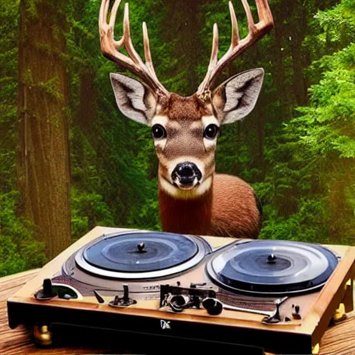 Image similar to “a deer dj playing on turntables, hyperexpressive beatiful matte painting, dynamic scene”