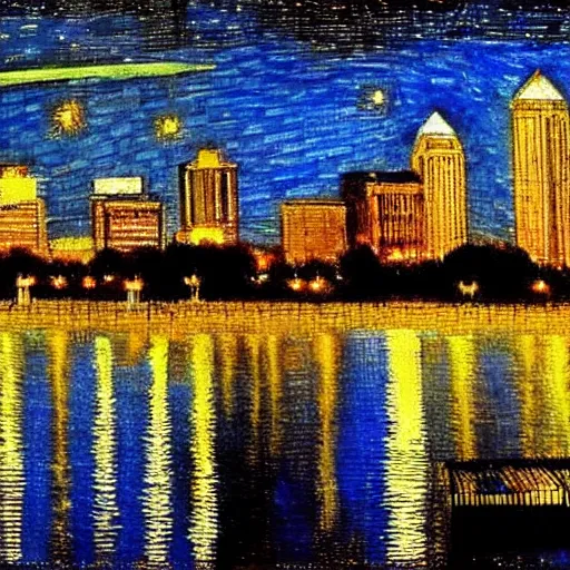 Image similar to louisville ky skyline at night reflecting of the river, in the style of van goghs painting starry night