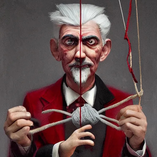 Image similar to portrait of a puppet master holding a hand string puppet marionette on strings, grey hair and a tuxedo, harsh good looking face, middle aged, surrounded by red curtains, drawn by Ruan Jia, disco elysium style, highly detailed