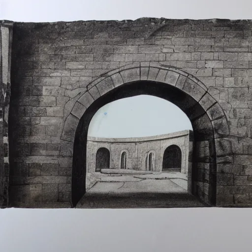Image similar to flat primitive drawing, front view, full face, aqueduct with 4 arches