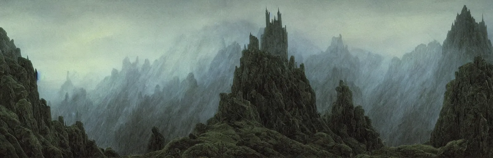 Image similar to Castle in the misty mountains,painting by Caspar David Friedrich,masterpiece