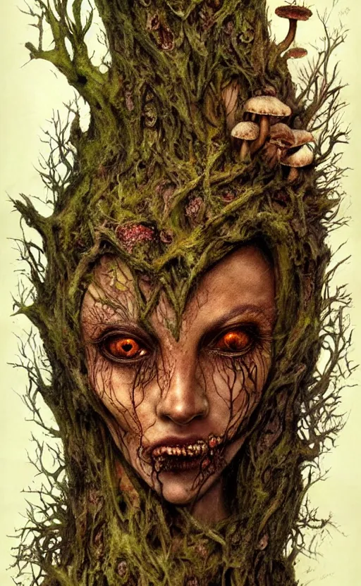 Image similar to rotten tree spirit dryad with a beautiful face and flaming mouth and eyes, mushrooms, fungi, lichen, sketch lines, graphite texture, old parchment, guillermo del toro concept art, justin gerard monsters, intricate ink illustration