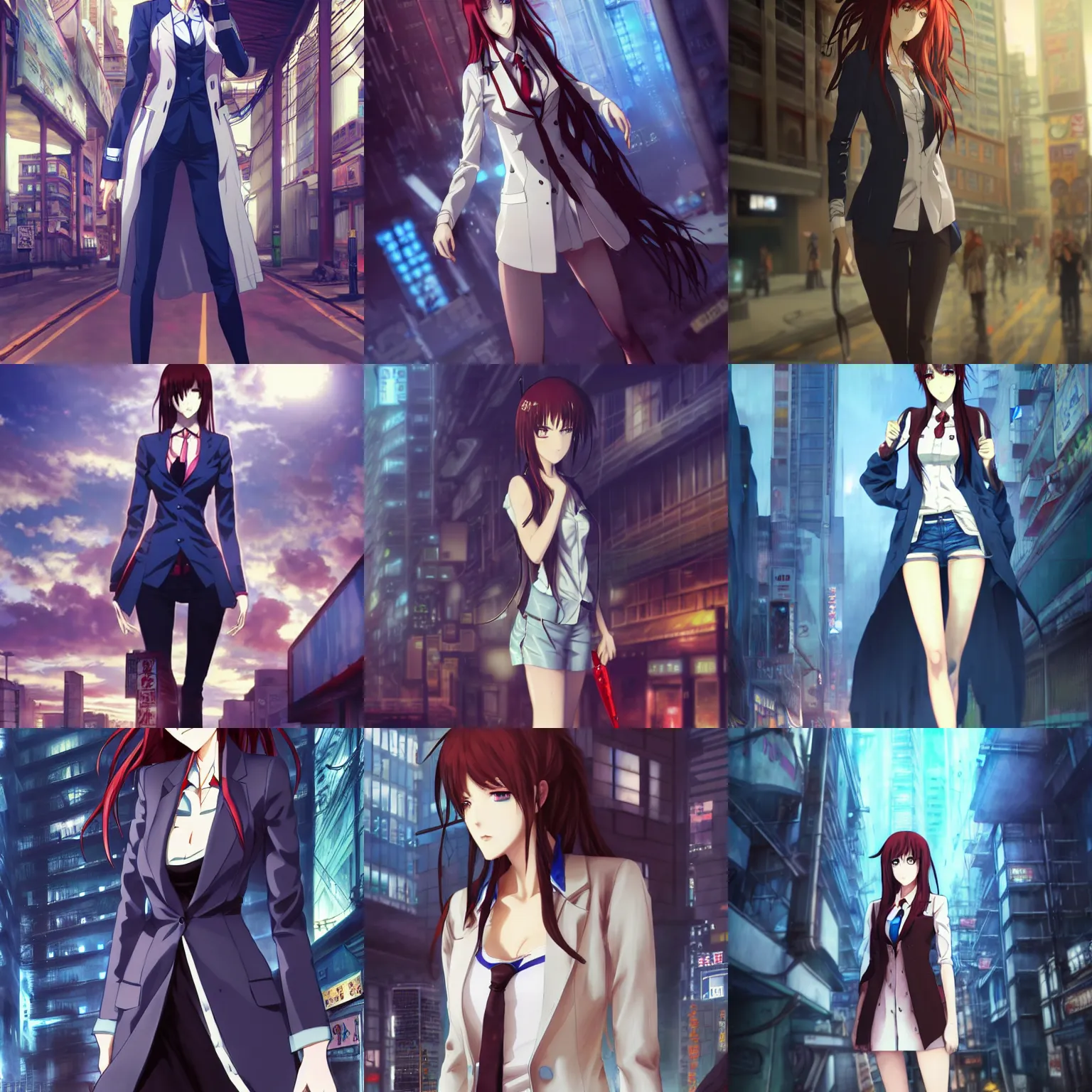 Image similar to kurisu makise steins gate in cyberpunk city, anime atmospheric, ultra realistic, standing, elegant, super highly detailed blue eyes, red tie, professional digital painting, artstation, concept art, 8k, art by wlop, artgerm and alphonse mucha and eiichiro oda