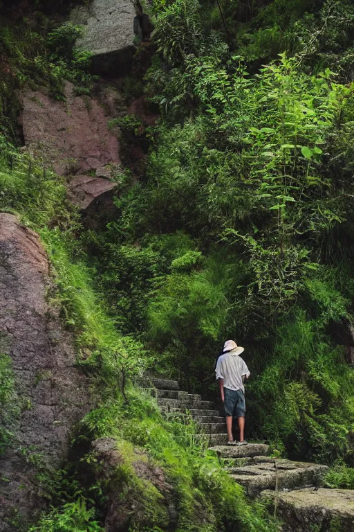 Prompt: canyon in oregon, old man on stone stairway inbetween highrise flats, overgrown lush plants, atmospheric, cinematic, beautiful low light by studio ghibli octane render 8k