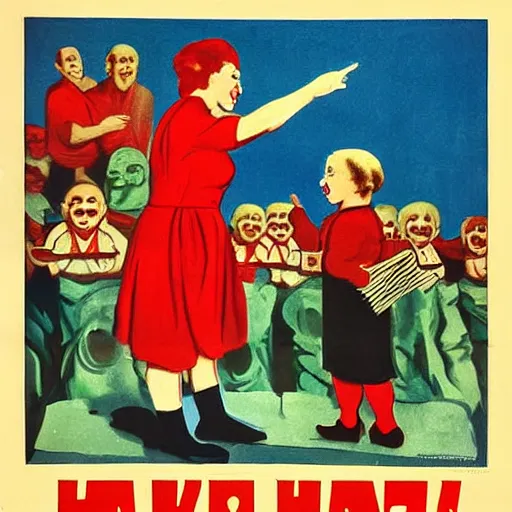 Image similar to communist clown painting soviet propaganda style in poster style portrait hungry children in the background