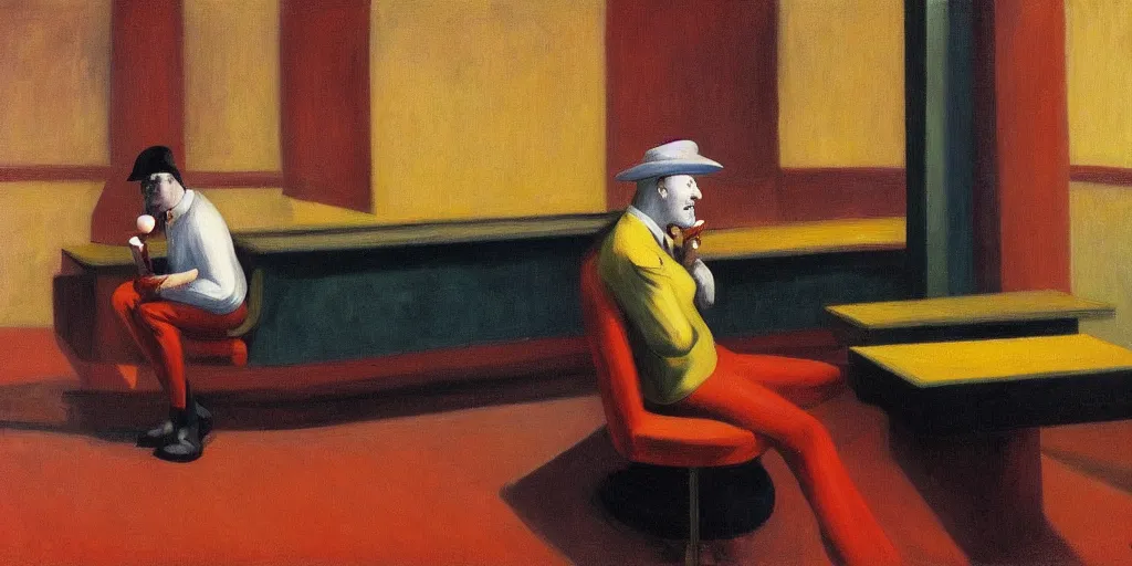 Prompt: a miserable clown, drinking a smoothie in an empty bar, oil painting by edward hopper