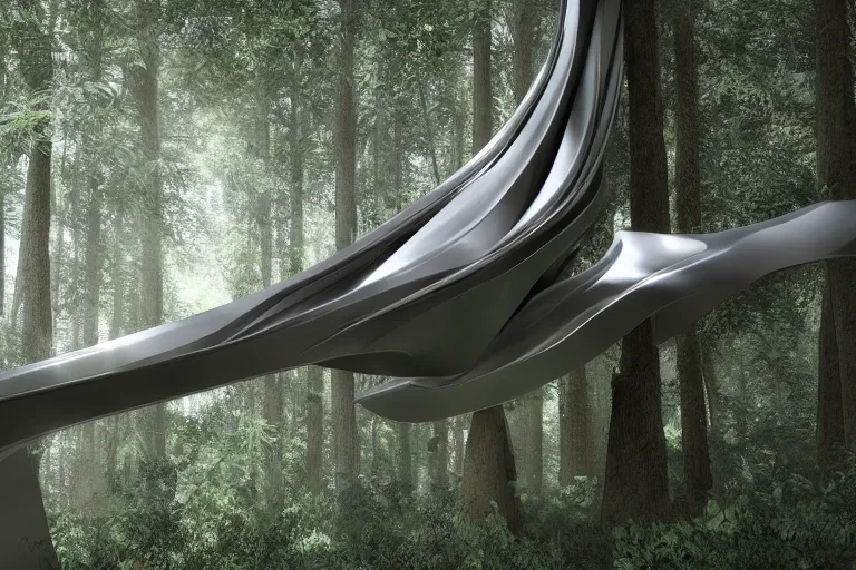 Prompt: a sculpture designed by Zaha Hadid in a forest, digital art, unreal engine 5, high resolution, 4k, realistic