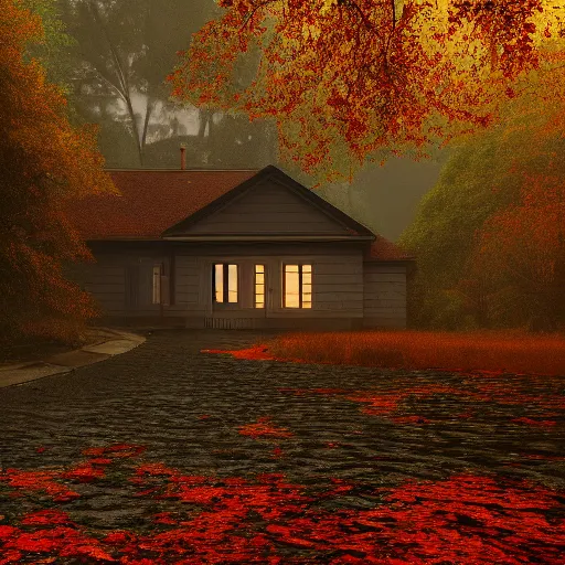 Prompt: autumn, house, forest, rain, dark, octane render, artstation, unreal engine 5 highly detailed, epic composition,