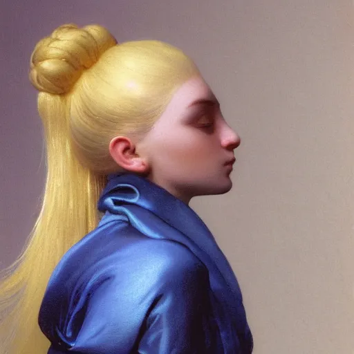 Image similar to a young woman's face, her hair is white and she wears a cobalt blue satin cloak, by ivan aivazovsky and syd mead and moebius and gaston bussiere and roger dean and pieter claesz and paul delaroche and alma tadema and willem claesz heda, hyperrealistic, volumetric light, octane render