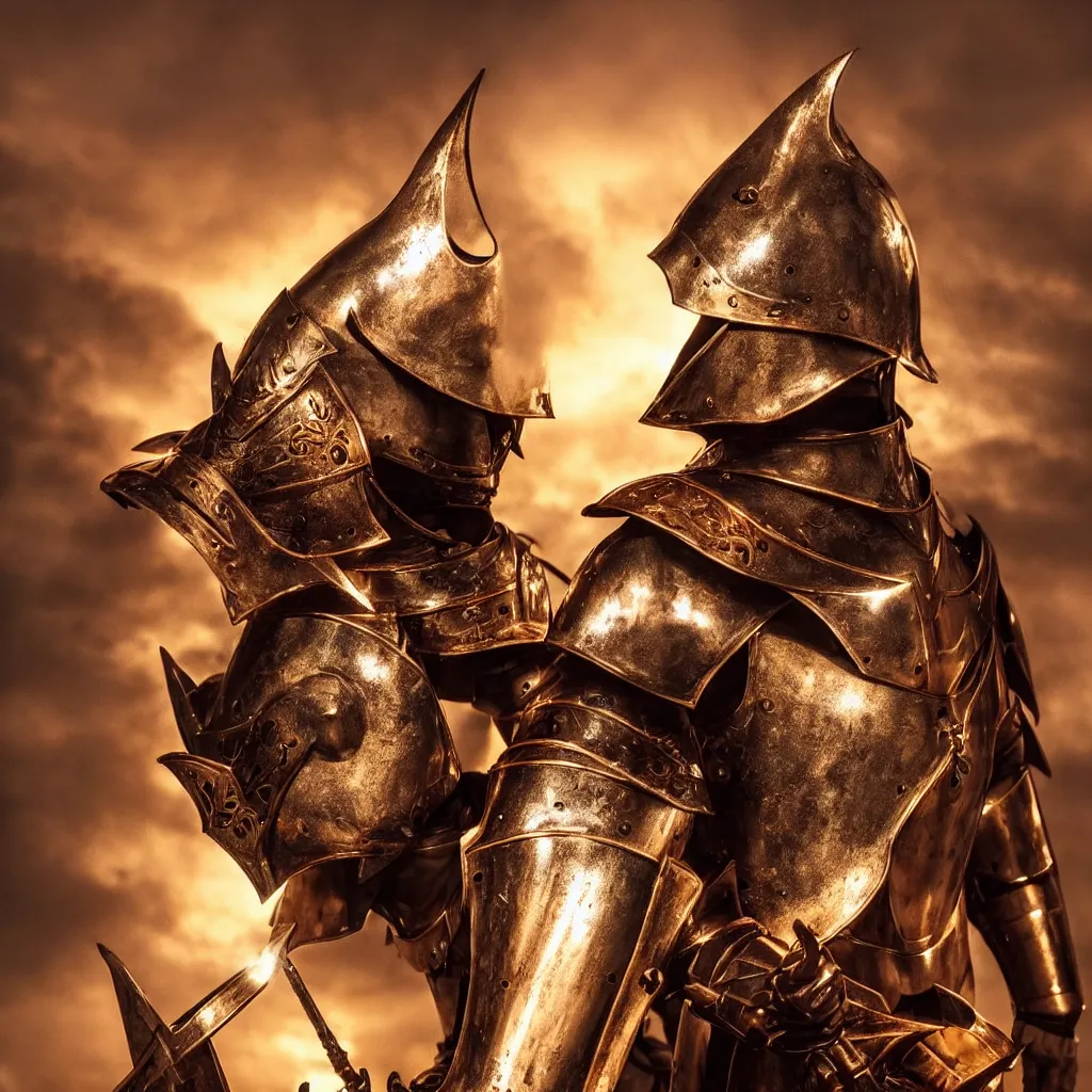 Image similar to of a photo of a knight character that has a helmet that is made of copper and gold, beautiful sculpted details, cinematic lighting, this knight is a war lord who roamed the fields in many battles, there is a faint red aura to him displaying a lot of power