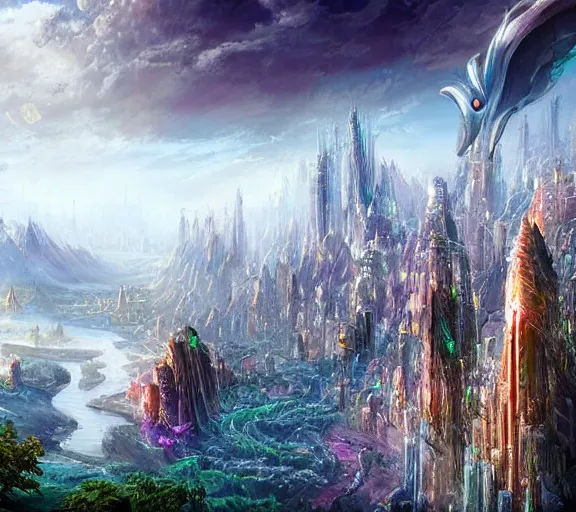 Prompt: vast beautiful epic realistic fantasy landscape with futuristic cities and iridescent crystals