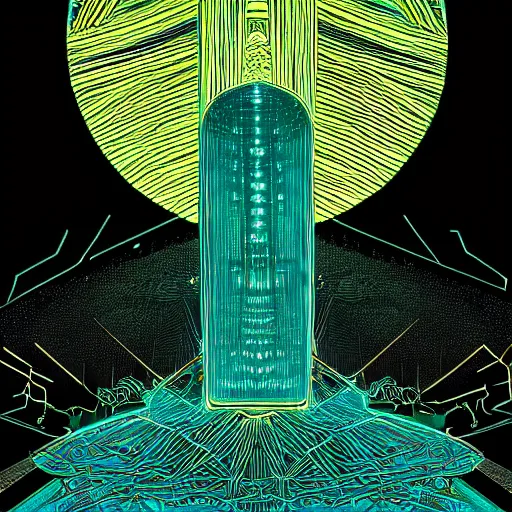 Prompt: 2 d neon teal circuit board background fused with an unknown deity with shards of light emitting outwards, black fine lines on teal, stanley donwood, victo ngai