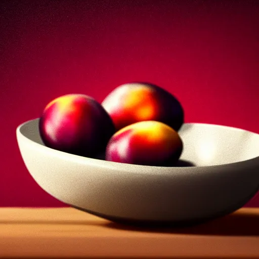 Image similar to concept art of a single bowl filled with a few moist freshly picked plums on a wooden table. digital painting, illustration, volumetric lighting, highly detailed, small scale, artistic, trending on artstation.