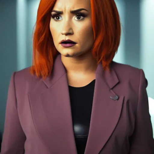 Image similar to close-up of Demi Lovato as Dana Scully in an X-Files movie directed by Christopher Nolan, movie still frame, promotional image, imax 35 mm footage