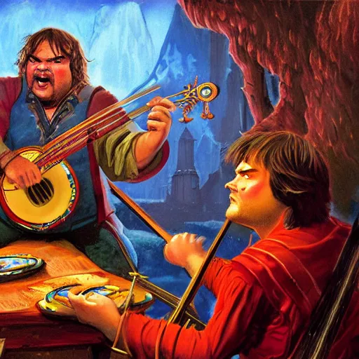 Image similar to D&D character jack black as bard in a tavern playing a bad song designed by Bruce Pennington painted by Ed Emshwille Graphic novel