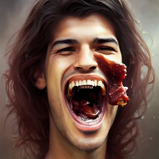 Prompt: Luis Suarez with vampire teeth eating BBQ ribs, closeup, D&D, fantasy, intricate, elegant, highly detailed, digital painting, artstation, concept art, matte, sharp focus, illustration, art by Artgerm and Greg Rutkowski and Alphonse Mucha