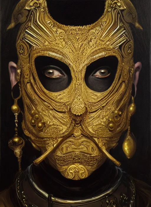 Image similar to highly detailed oil painting | very intricate | cinematic lighting | black, white and gold color scheme, dark background | the yoruba mask by alexander mcqueen | by roberto ferri, by gustav moreau, by singer sargent and klimt, american romanticism, by austin osman spare, artstation, cgsociety, official art, octane