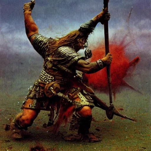 Image similar to viking marauder fighting against an orc, posed, gritty, beksinski