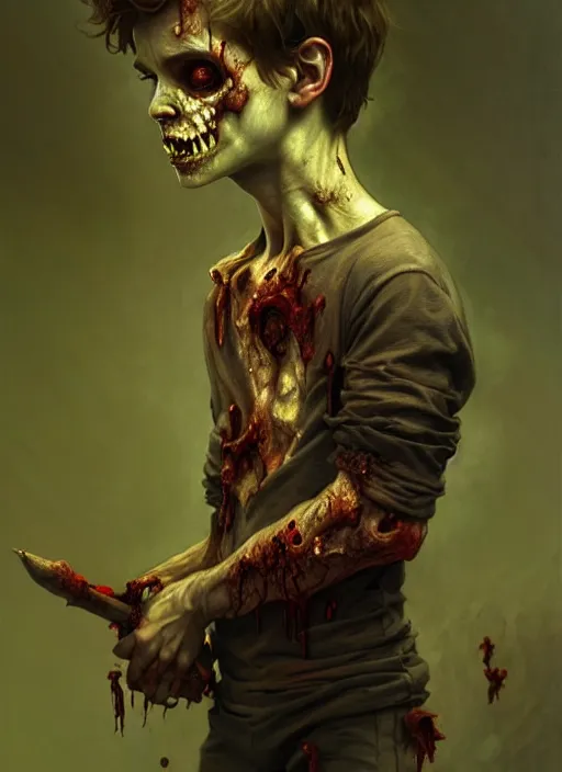 Image similar to a zombie young boy, diffuse lighting, fantasy, intricate, elegant, highly detailed, lifelike, photorealistic, digital painting, artstation, illustration, concept art, smooth, sharp focus, art by john collier and albert aublet and krenz cushart and artem demura and alphonse mucha